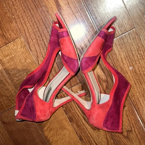 LK BENNET Red Pink patchwork suede trim Neoprene sandals HEELS Sz 37 - Picture 16 of 17